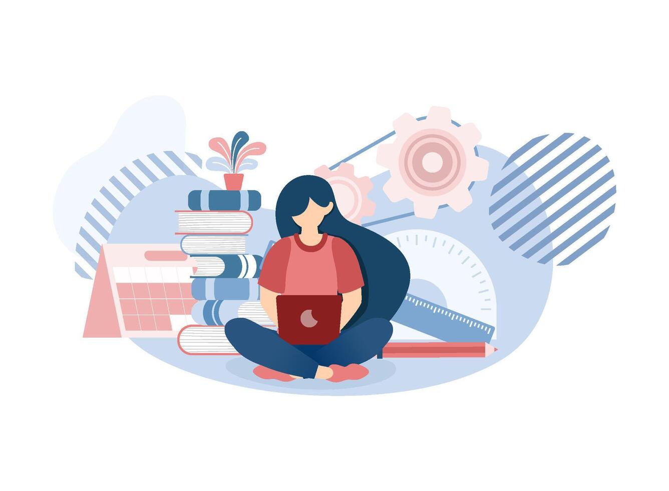 Girl Student Graduate Sitting and Learning Using Laptop Internet and Surrounded by Books and Stationery vector