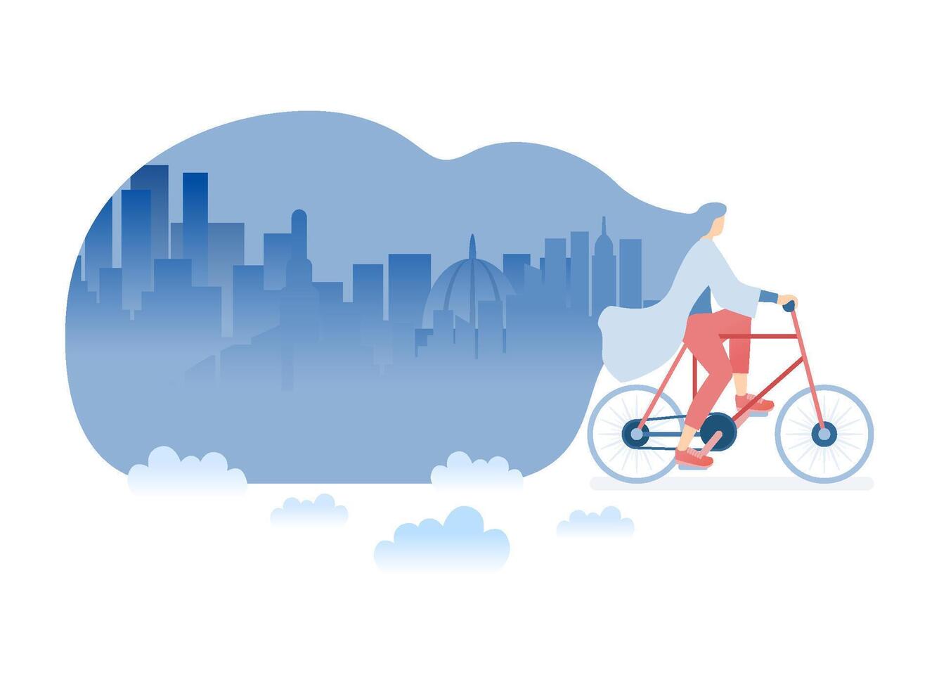 Women Riding Bicycle Around City in Summer, Strong wind in Park blowing hair, Cycling for Health. Flat Cartoon Style vector
