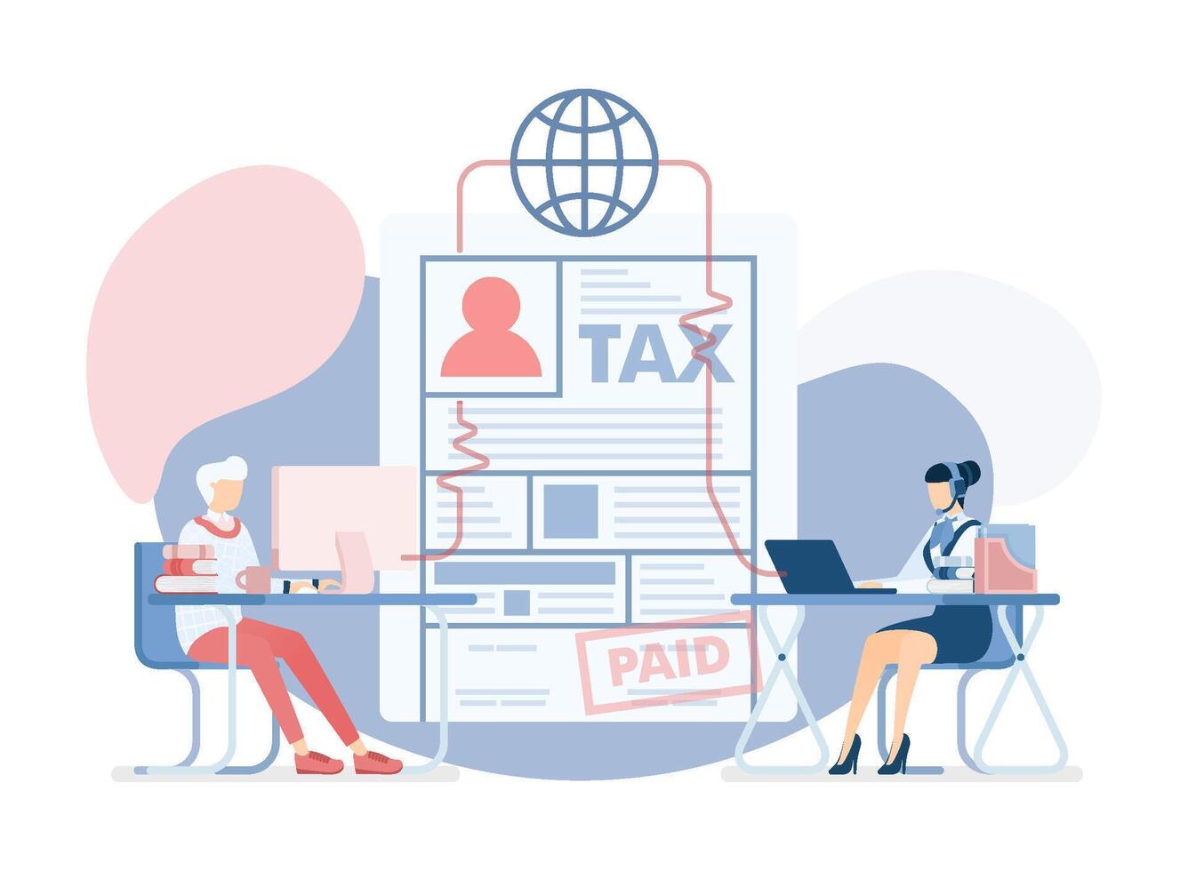 Online Tax Payment, Reporting and Claim. Man Contact Tax Customer Service To Ask and Consult to Fill Tax Online vector