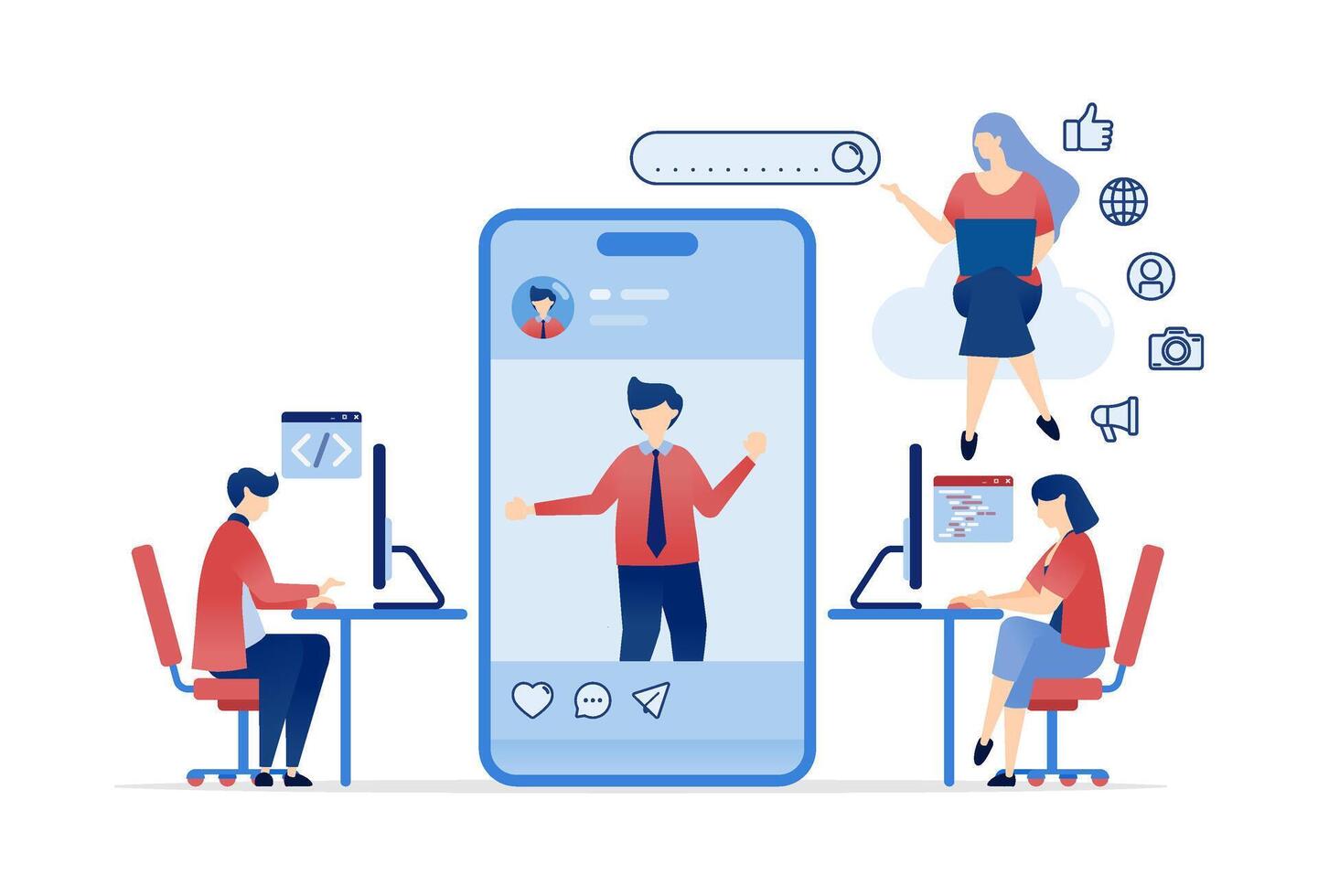 illustration of Social Media Development Using Cloud and Internet Technology. People Working Freelance Jobs, Engaging in Calls, and Creating Media Ads for Digital Platforms vector