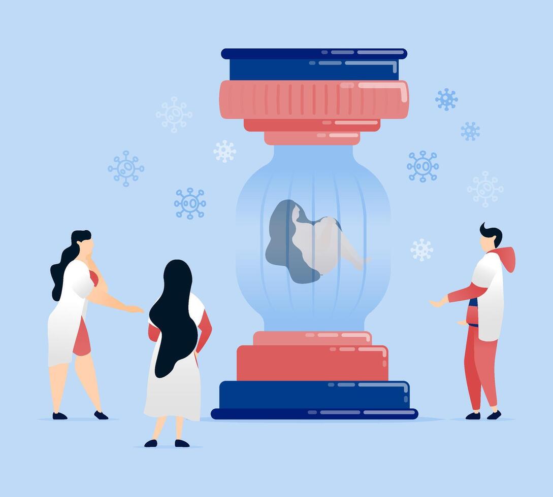 illustration of Professors, doctors, and students conducting experiments by placing humans in tubes to discover treatments and prevent the spread of viruses vector