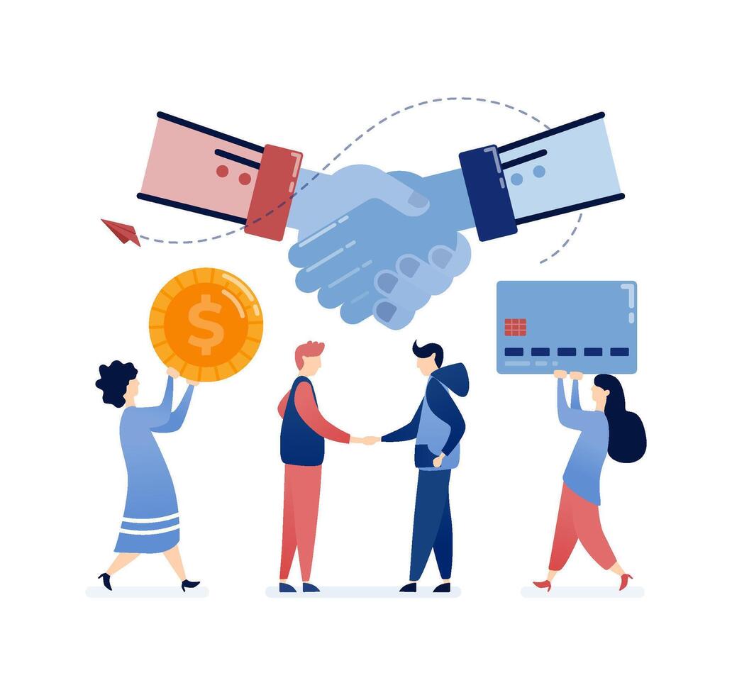 illustration of People shaking hands and referring friends for financial and banking decisions, including credit card loans, investments, and business deals, symbolizing trust and collaboration vector