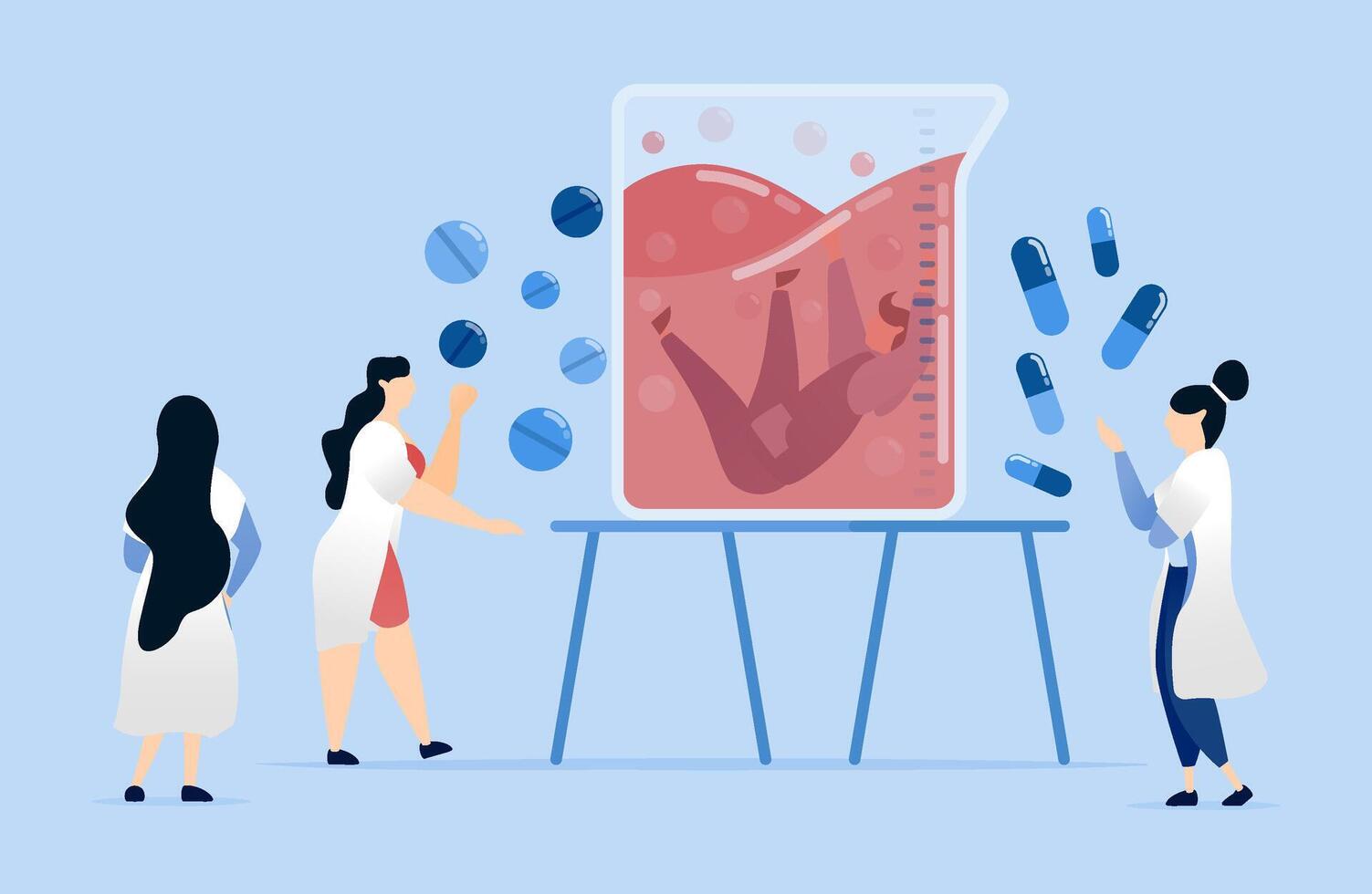 illustration of Female doctors observe patients immersed in liquids to discover alternative treatments and eliminate drug-based therapies from pharmaceutical companies in the laboratory vector
