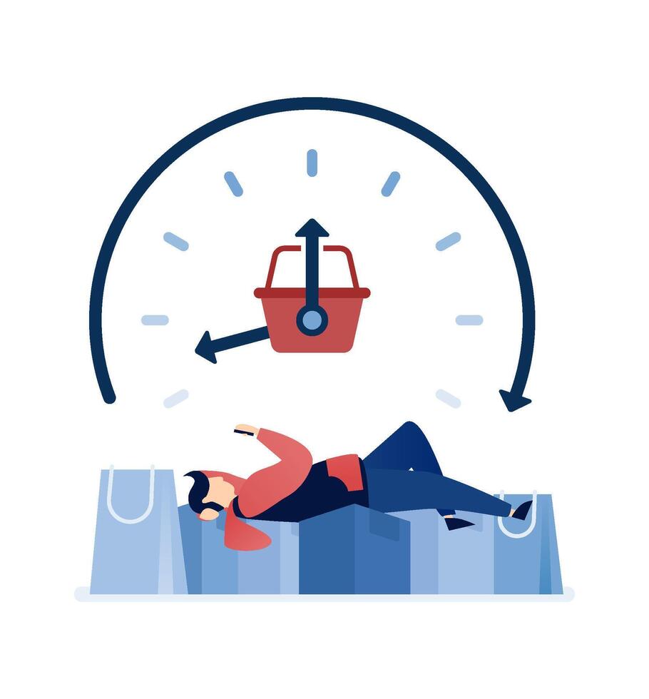 illustration of People waiting for the right time to shop online for discounts and vouchers, symbolized by shopping carts, piles of bags, and promotional sales vector