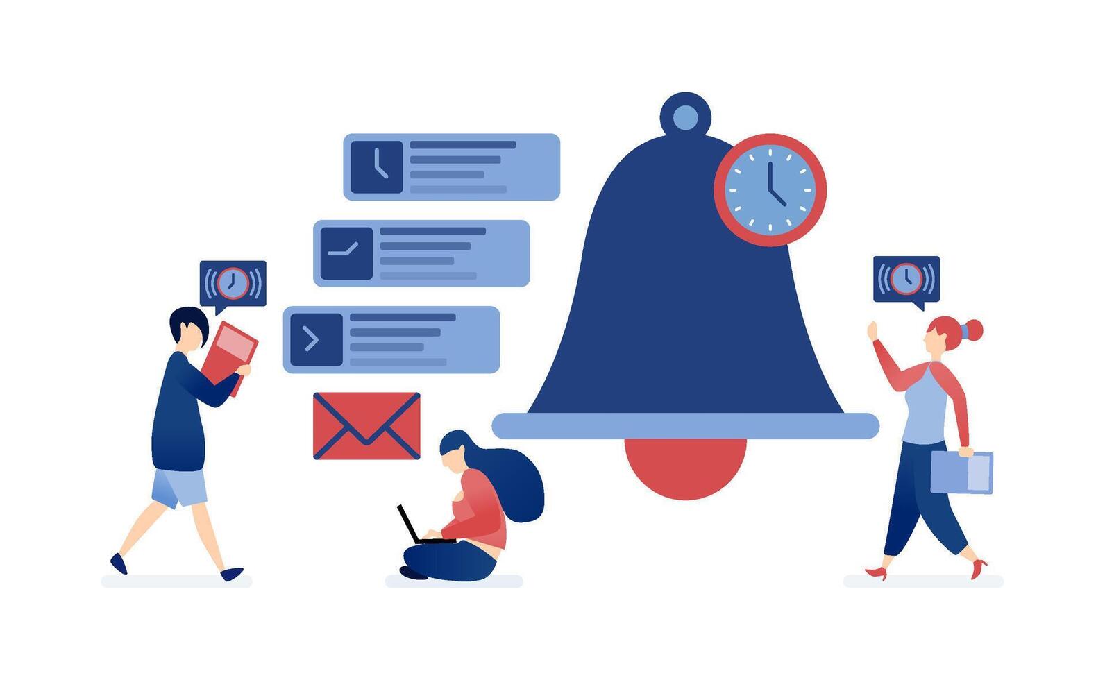 illustration of People engaging in activities around a large bell, symbolizing time planning, scheduling, and effective time management for increased productivity and task organization vector