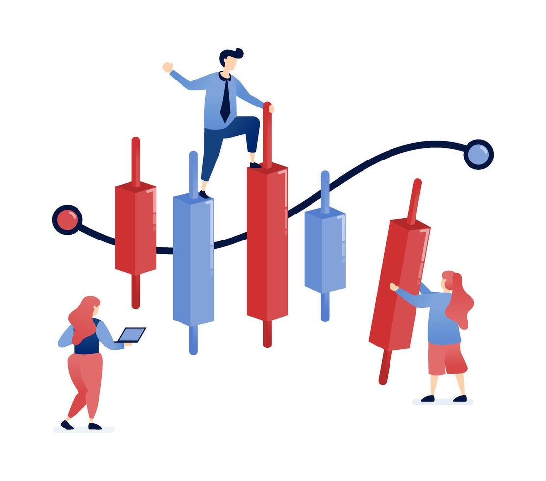 illustration of People analyzing candlestick charts in the stock market, using high-risk investment strategies, managing financial risks, and navigating market volatility for high returns vector