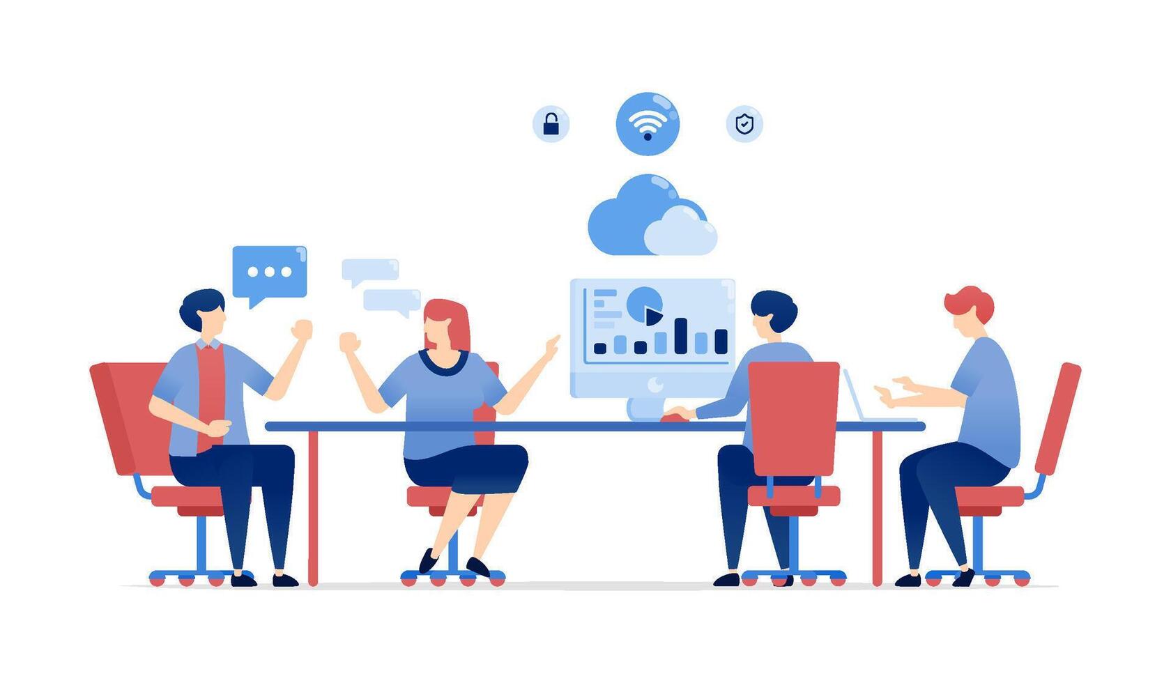 illustration of Corporate Teams Meet to Discuss Achievements, Analyze Trends, and Plan Strategies for a Successful Future. Can be used for banners, websites, apps flyers vector