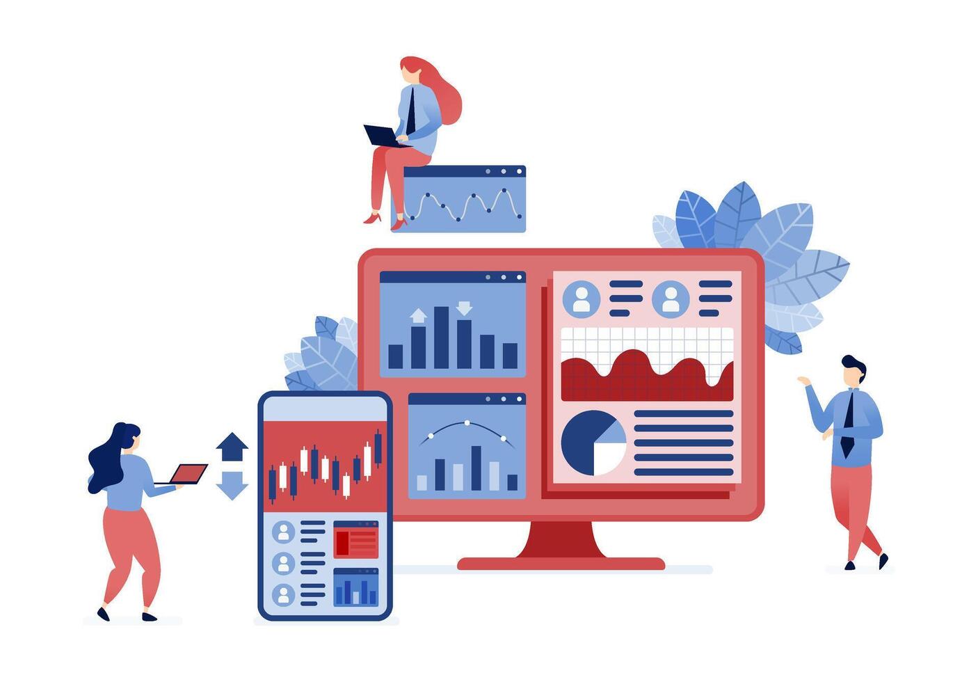 illustration of Professionals analyzing financial profiles, investment risks, loan evaluations, and recruitment strategies to make informed decisions in financial planning and risk management vector
