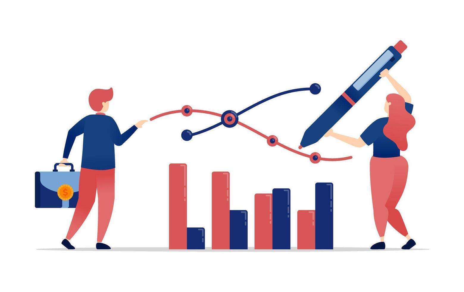 illustration of Office employees setting sales targets and company performance goals by drawing line charts with pens while carrying briefcases for business strategy vector