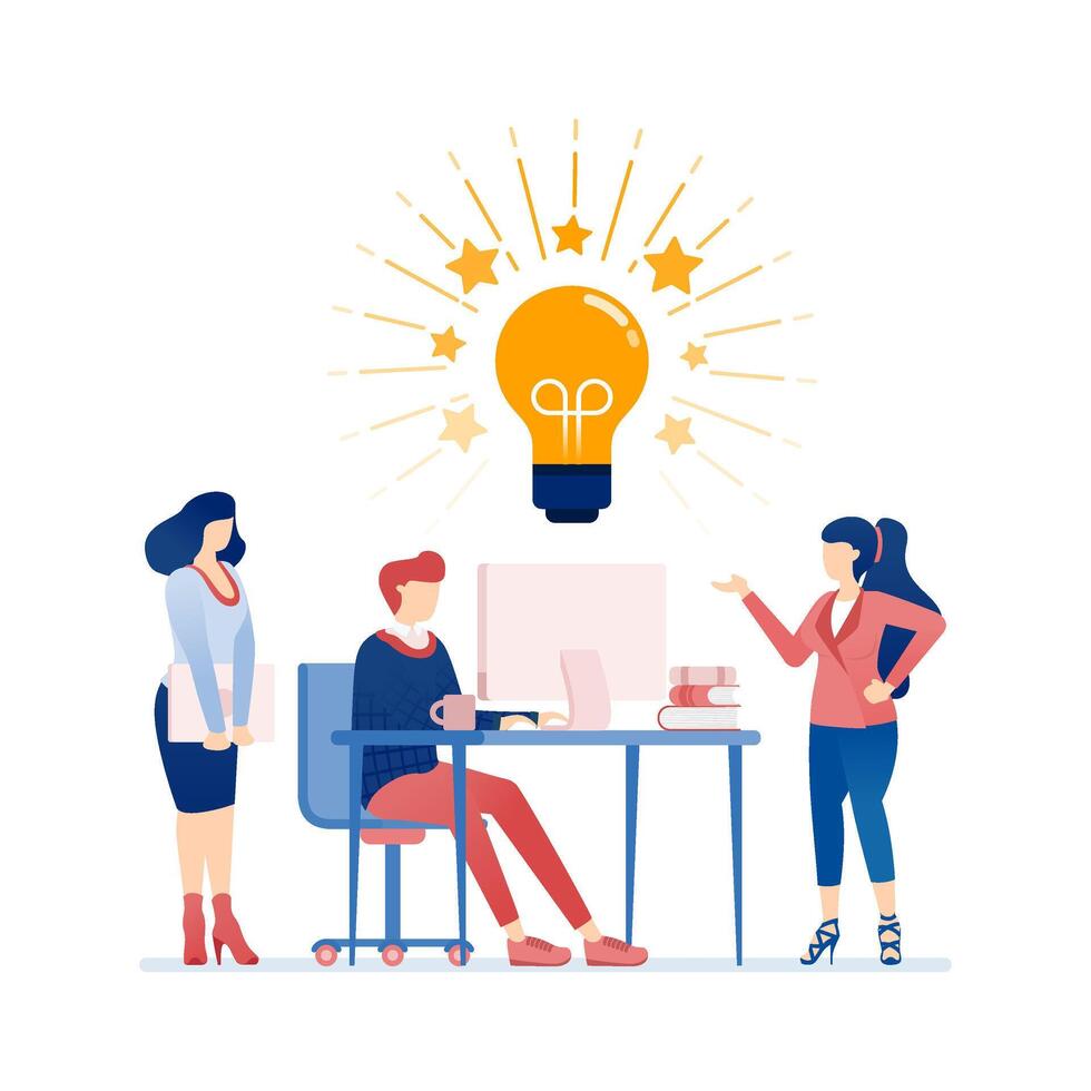 illustration of Modern flat design illustration featuring teamwork, collaboration, and brainstorming with professionals in an office environment showcasing innovation, leadership, creativity vector