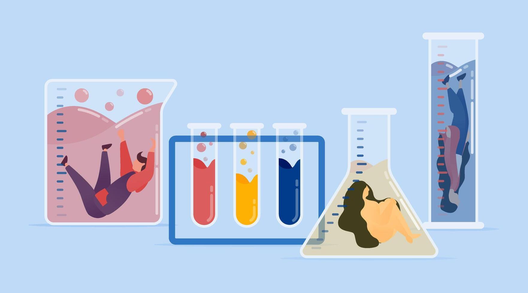 illustration of Doctors and students conduct human experiments in laboratories, immersing liquids and chemical compounds in beakers and test tubes to develop treatment solutions vector