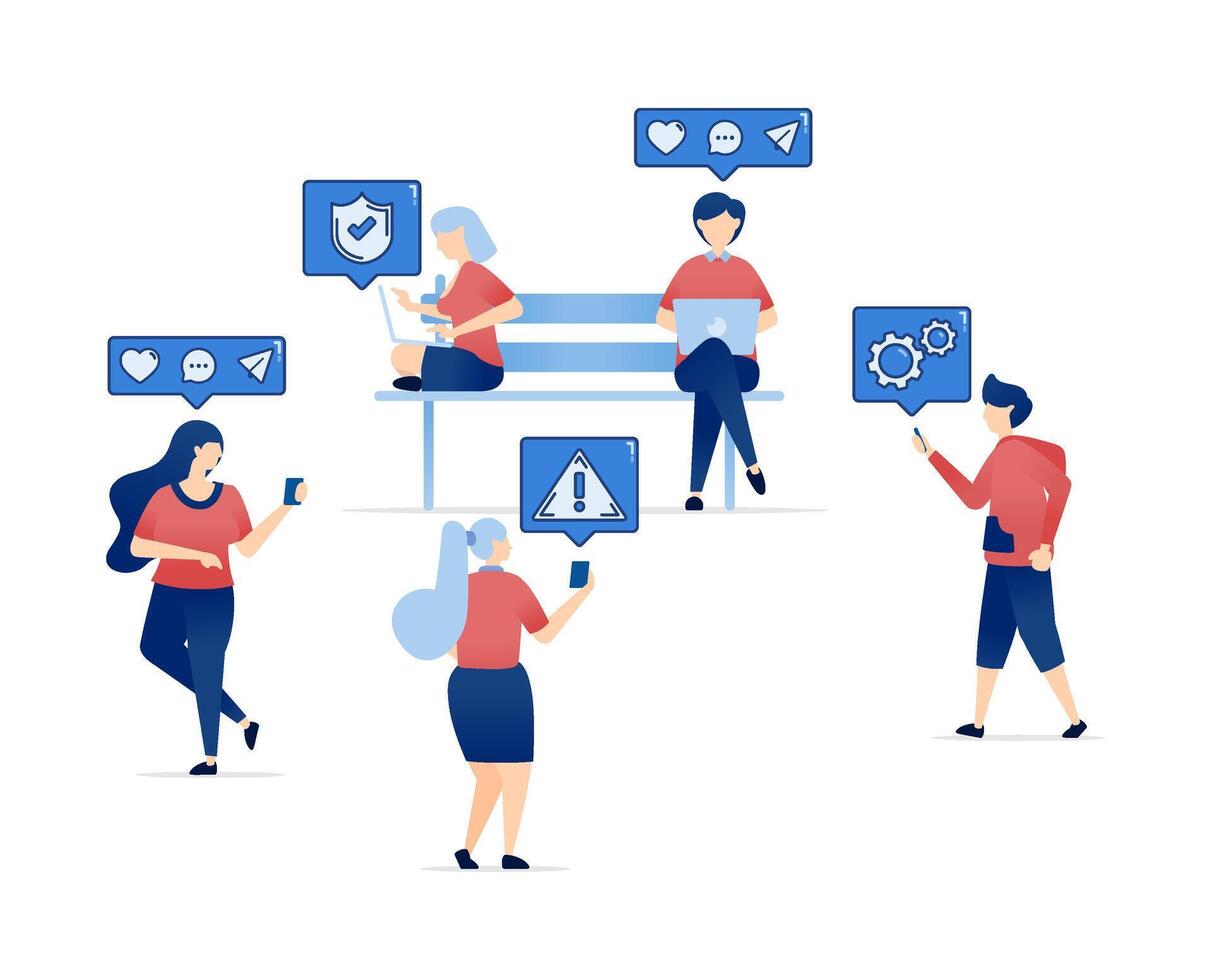 illustration of People Addicted to Social Media. Constantly Engaged with Gadgets, Updating and Interacting with Social Media Through Comments, Shares, and Likes Non-stop vector