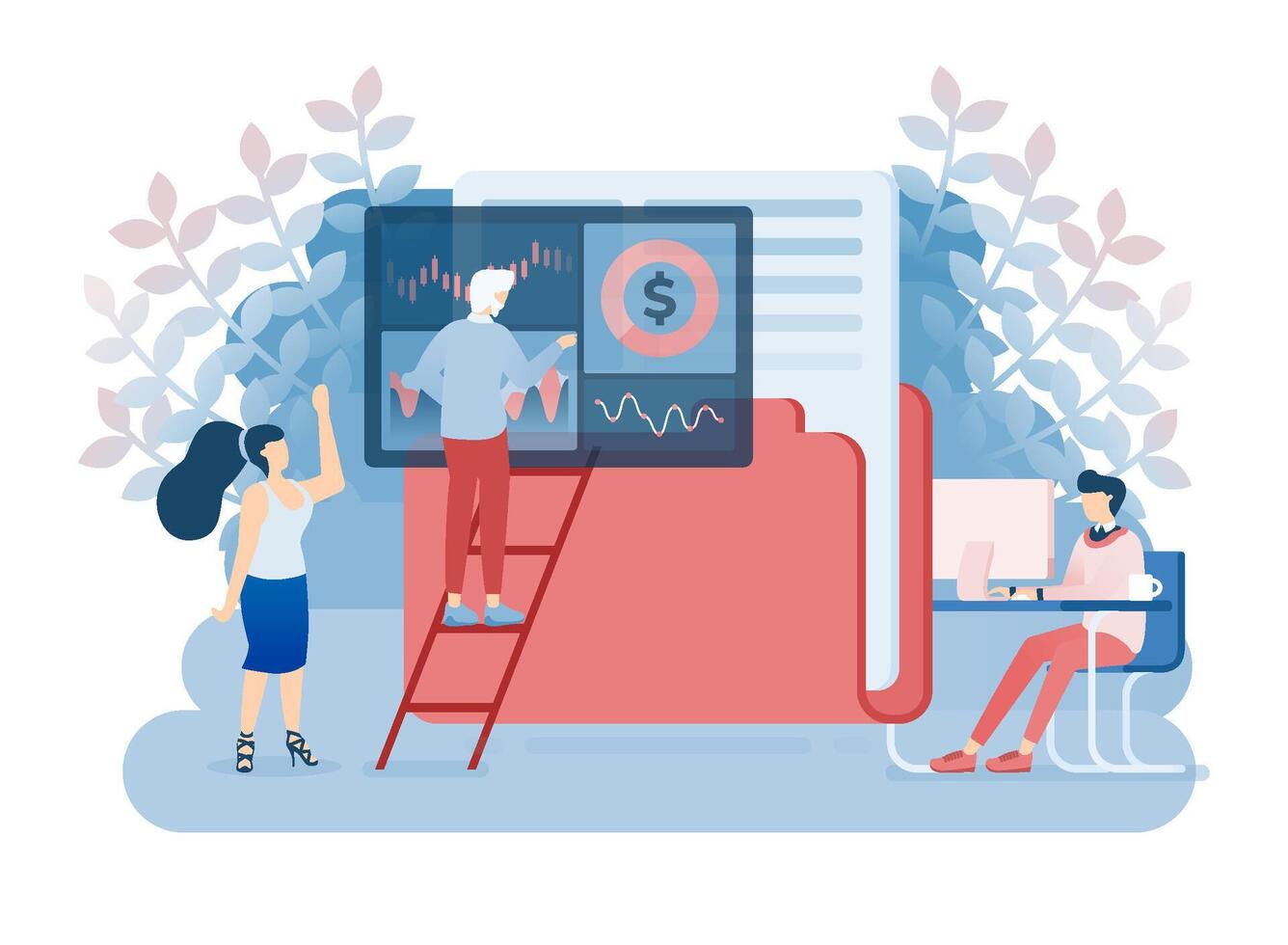 Man Searching for Data on a Giant Folder Icon, While a Worker Operates and Organizes Data Within the Folder vector