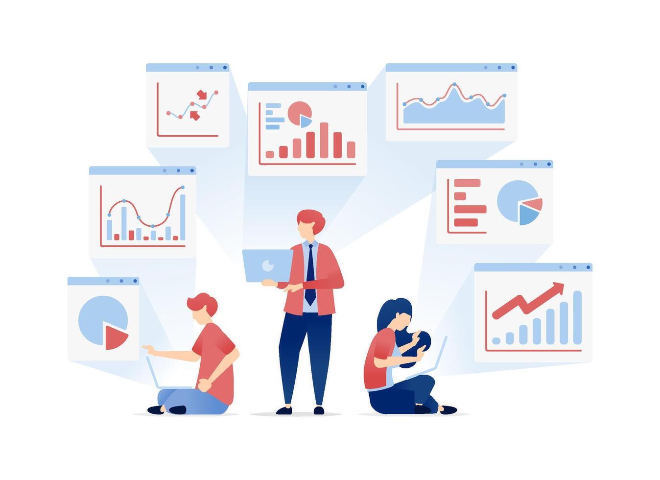 illustration of People Share and Review Financial Portfolios, Discussing Past Data and Planning for Future Achievements. Can be used for banners, websites, apps flyers vector