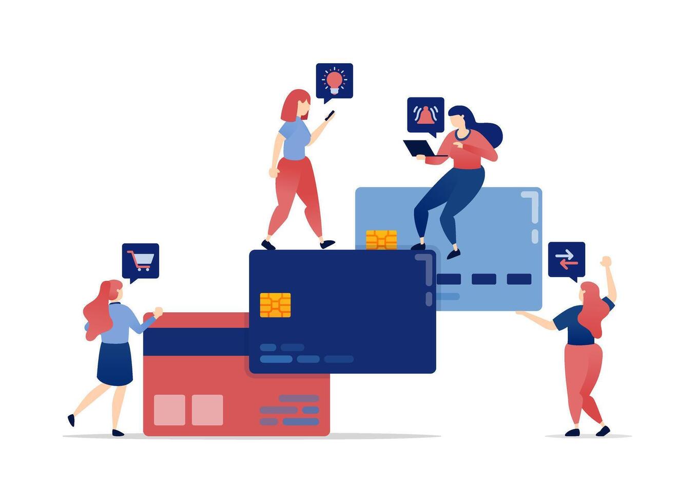 illustration of Women in loans and credit cards for shopping and financial needs, managing purchases and transactions with smart financial decisions vector