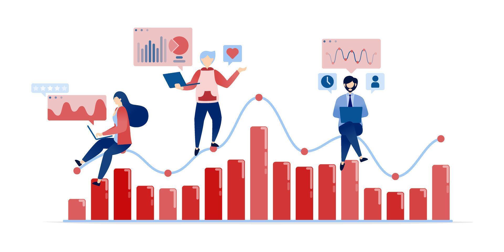 illustration of People analyze financial achievements and company performance by working with line and bar charts, reviewing diagrams and graphs to track career progress and growth vector