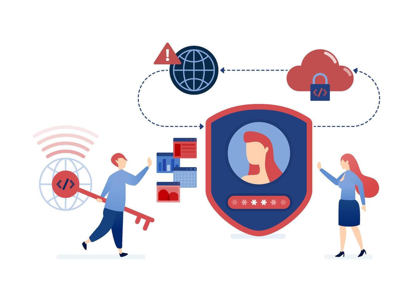 illustration of Cloud and internet security systems protect user data from theft using password encryption, secure connections, and digital defenses for comprehensive online safety vector