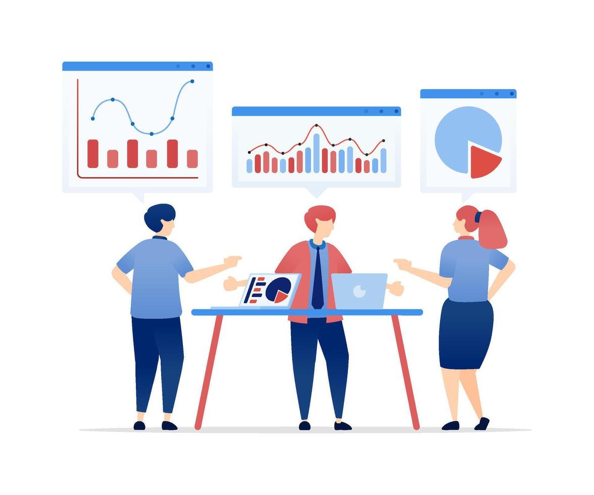 illustration of Discussion of Financial Charts for Strategic Planning and Future Goals at a Corporate Meeting Table. Can be used for banners, websites, apps flyers vector