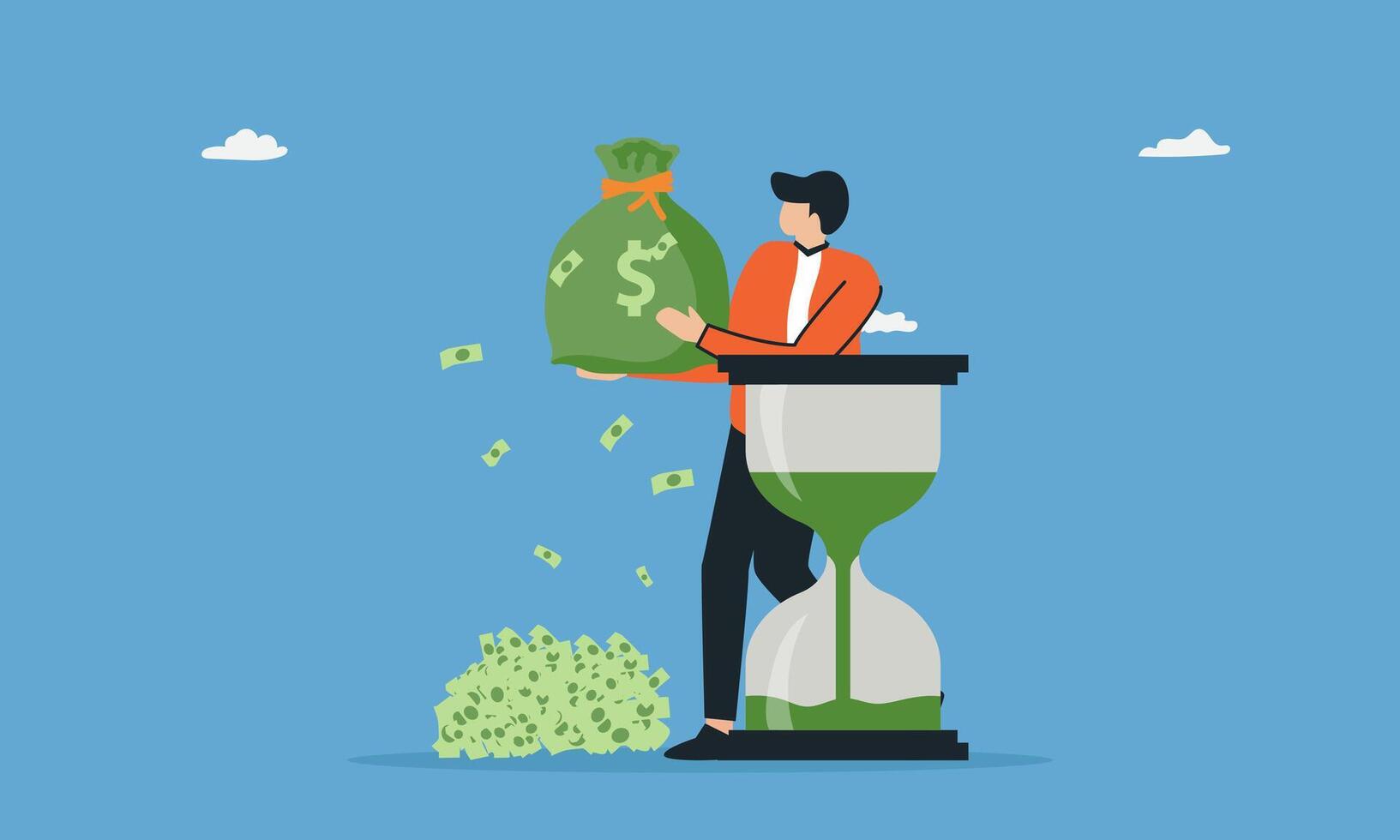 profit that coincides with time business concept, businessman with glass time and money bag vector