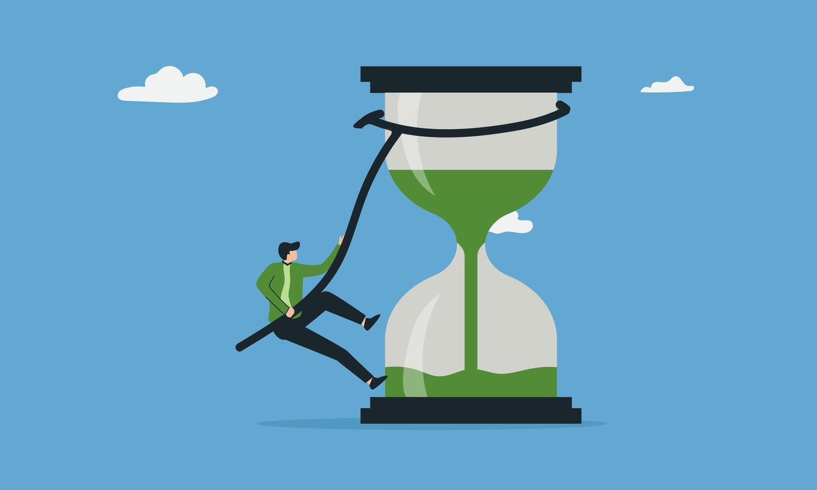 Businessman climbing up sand in hourglass. Concept losing time vector