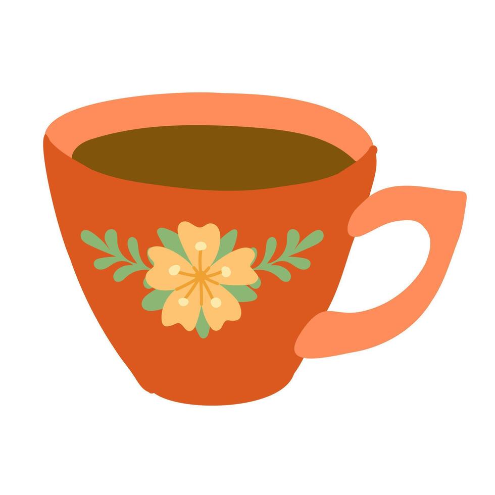 Red tea cup with floral design with warm tea inside and simple botanical elements on the surface. hand drawn illustration isolated on white background vector