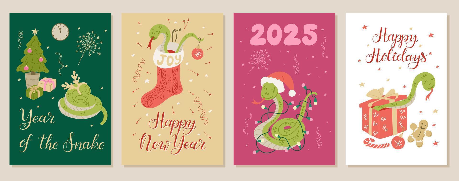 Set of cheerful holiday banners with Year of the Snake theme, including festive snakes with holiday elements like Christmas trees, stockings, lights, gifts, and New Year greetings for 2025 vector