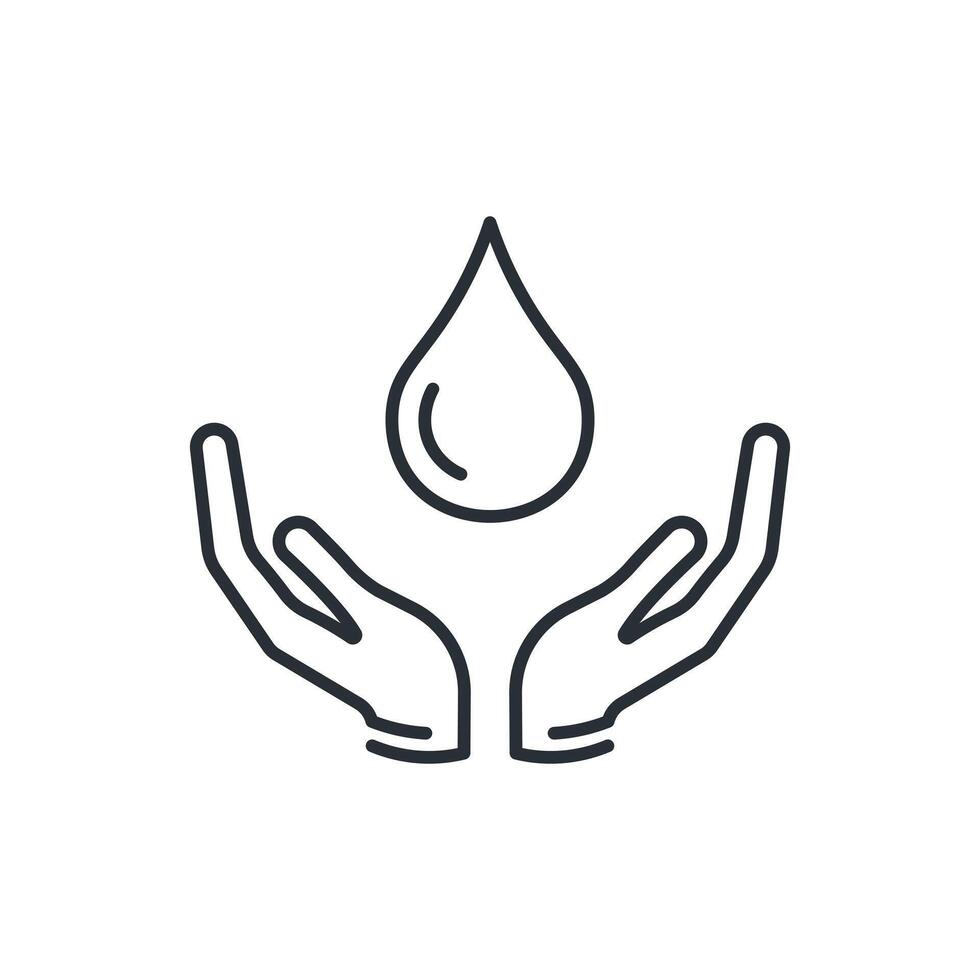 Hand with water drop. Save water line icon vector