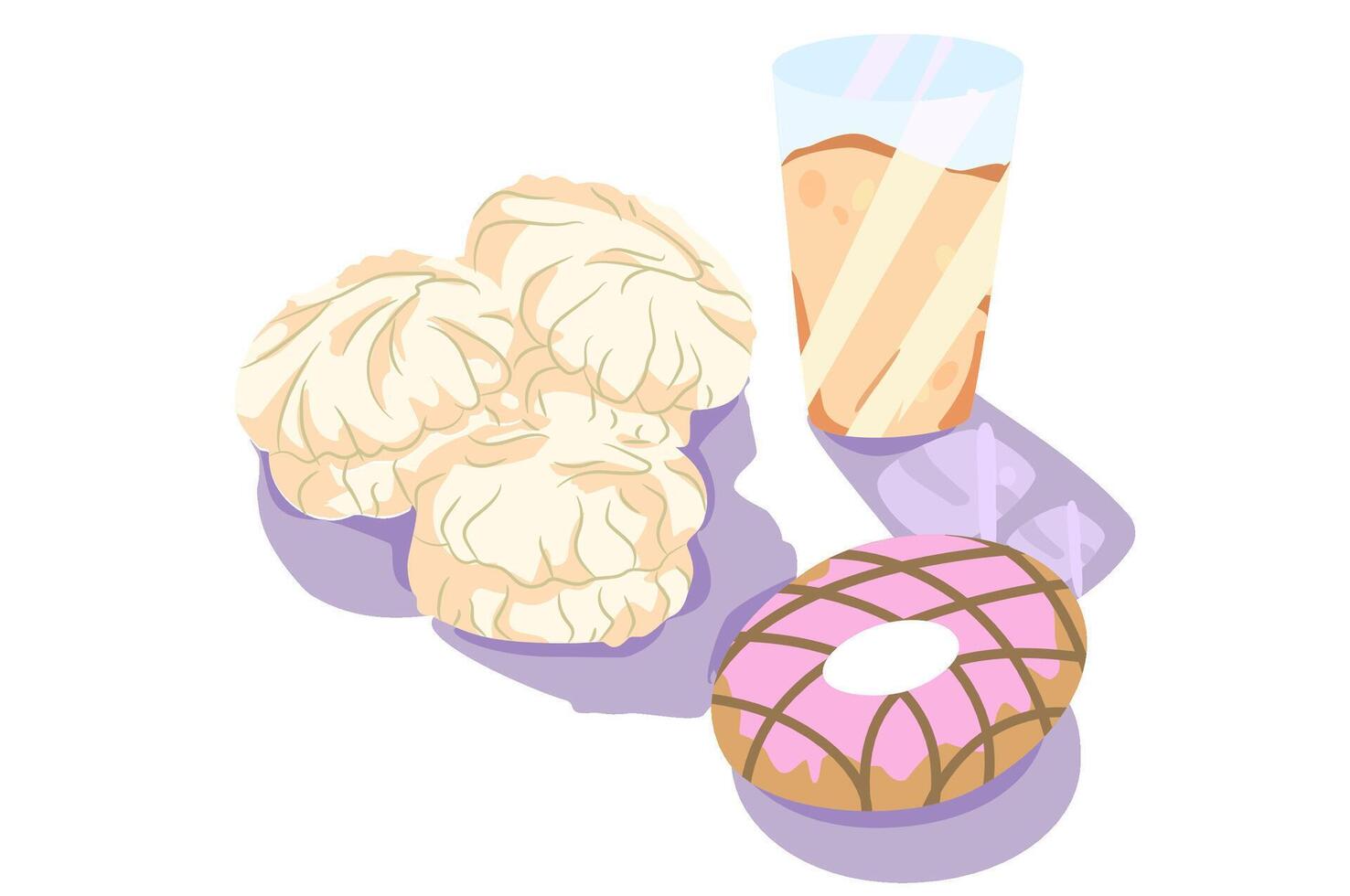 Donuts, marshmallows and a glass of sparkling water. vector