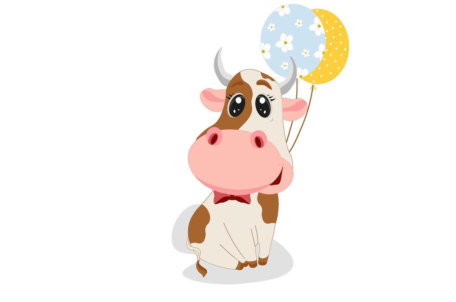 Cute Cartoon Bull with red bow and balloons. Cartoon cute baby cow sitting on the white background vector
