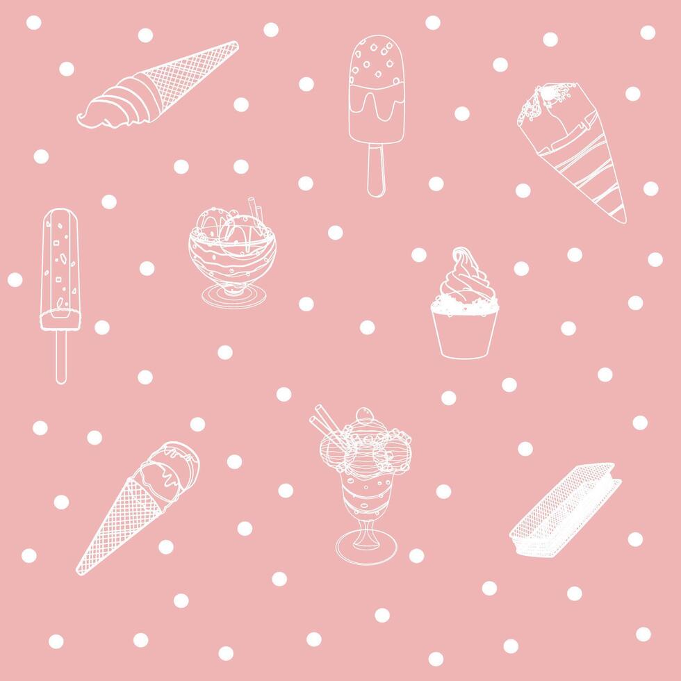 Pattern colorful ice cream. Collection ice-cream cones on pink background vector