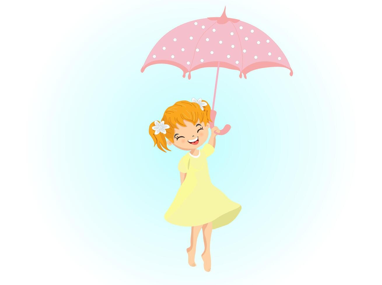 Cute little girl in flying away in the sky with her pink umbrella. Funny illustration. Textile apparel print, wall art. vector
