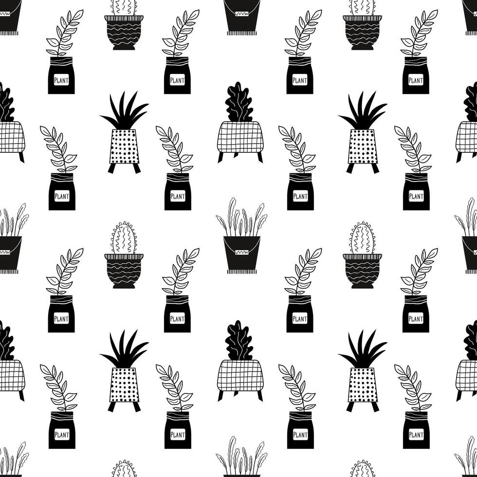 Seamless doodle pattern with the image of domestic plants in pots - cacti, succulents, palm trees. Linear patterns made by hand. Black and white design for fabric, wrapping, stationery, background vector