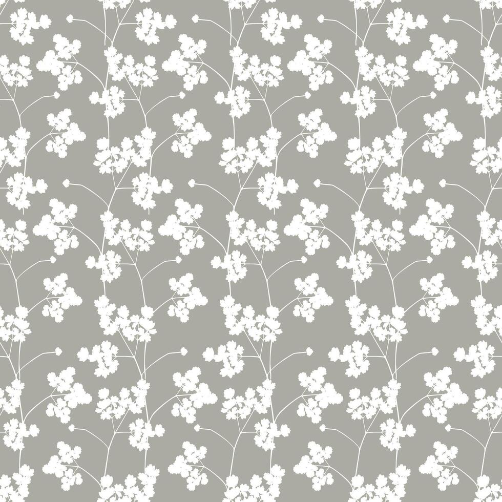 Seamless pattern with plant silhouettes. Decorative vintage pattern in Japanese style with leaves and twigs on a gray background. Print for wallpaper, fabric, packaging, paper, clothes, dishes. vector