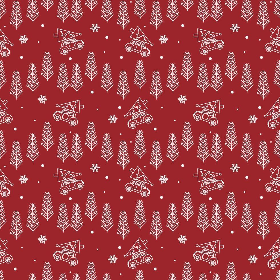 Christmas background seamless pattern with Christmas trees and car. White icons on a red background, a bright pattern for wrapping paper, textiles, clothing, covers. vector