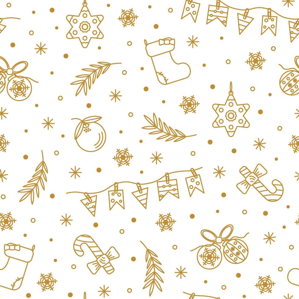 Christmas colorful seamless pattern with New Year decor. A pattern of golden flat icons on a white background. Elegant pattern for packaging, wrapping paper, children's clothes, covers vector