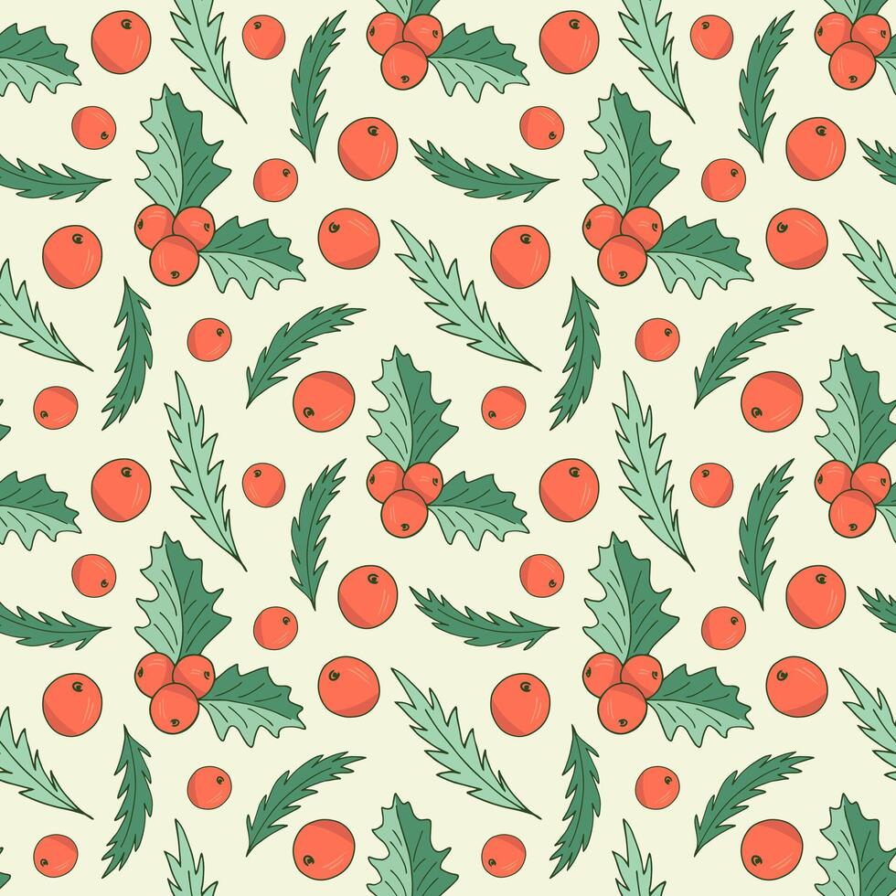 Christmas pattern of holly leaves and berries on a light background. Seamless festive pattern, great for party invitations, postcards, textiles, gift wrapping paper and home decor. vector