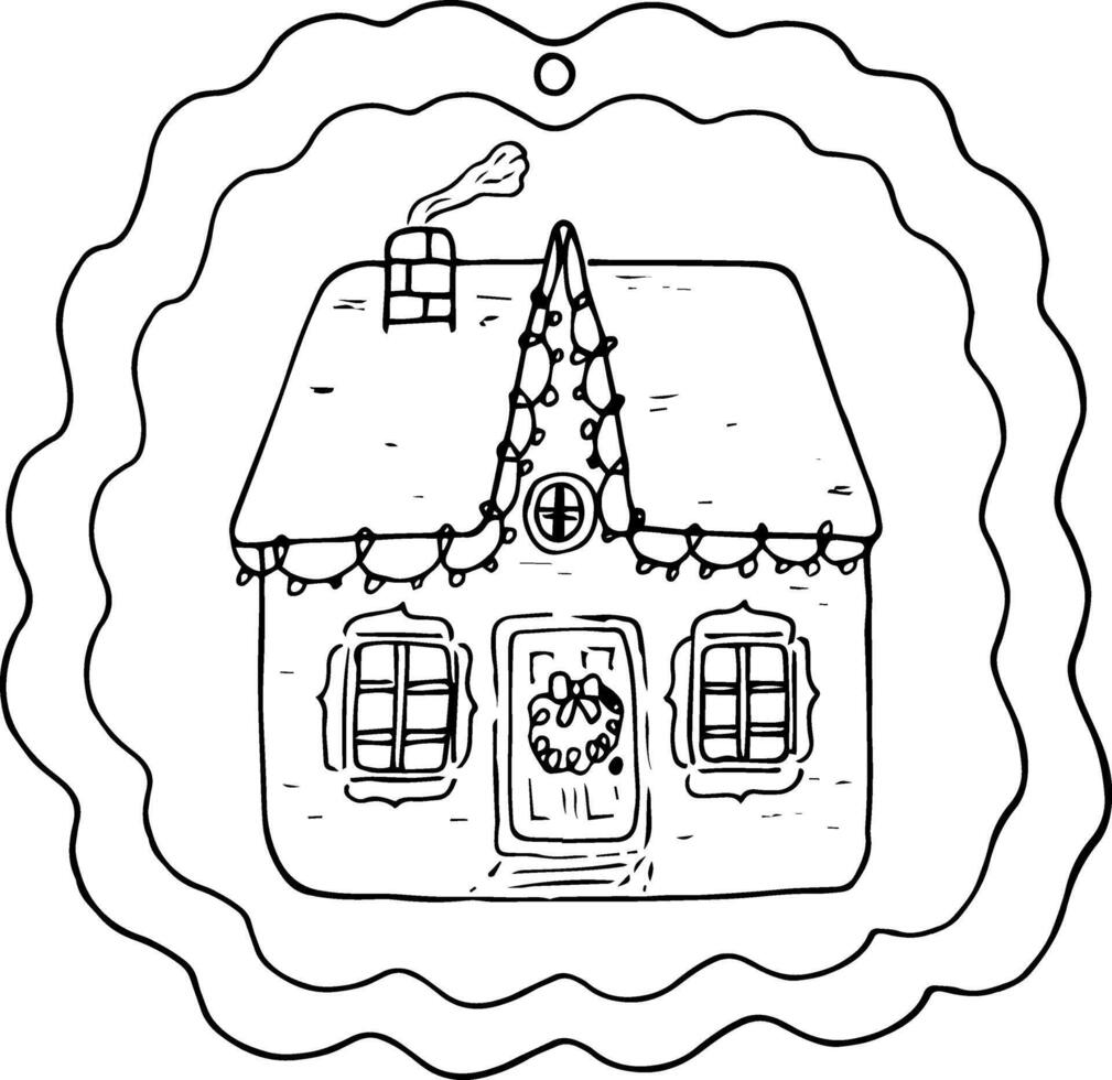 Outline drawing of private home decorated for the holiday, cozy cottage, outline for tag, tag, sticker. Hand draw vector