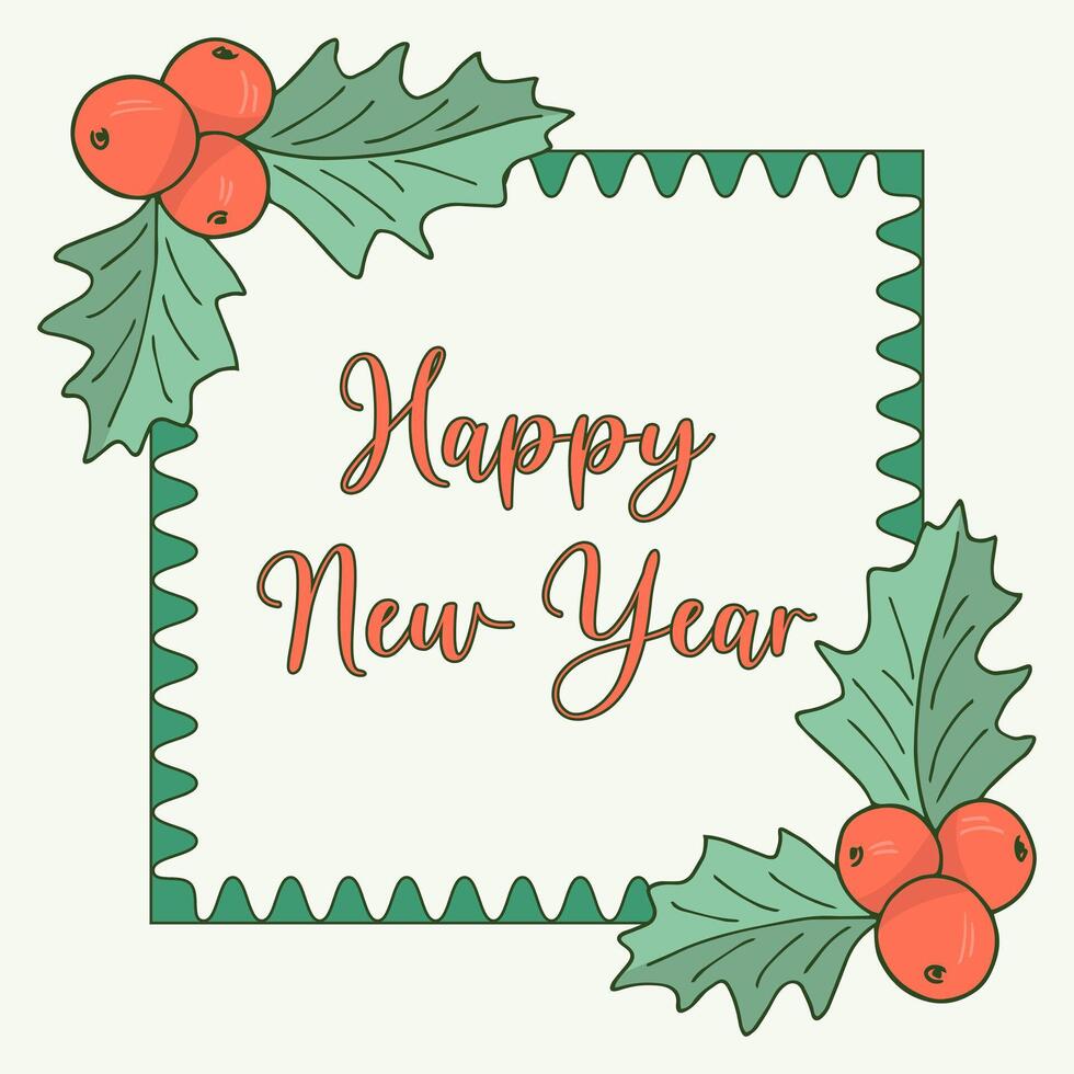 Holiday background, card base with a frame of red holly berries , New Year decor. Place for your text. Square template for cards, labels, banners. vector