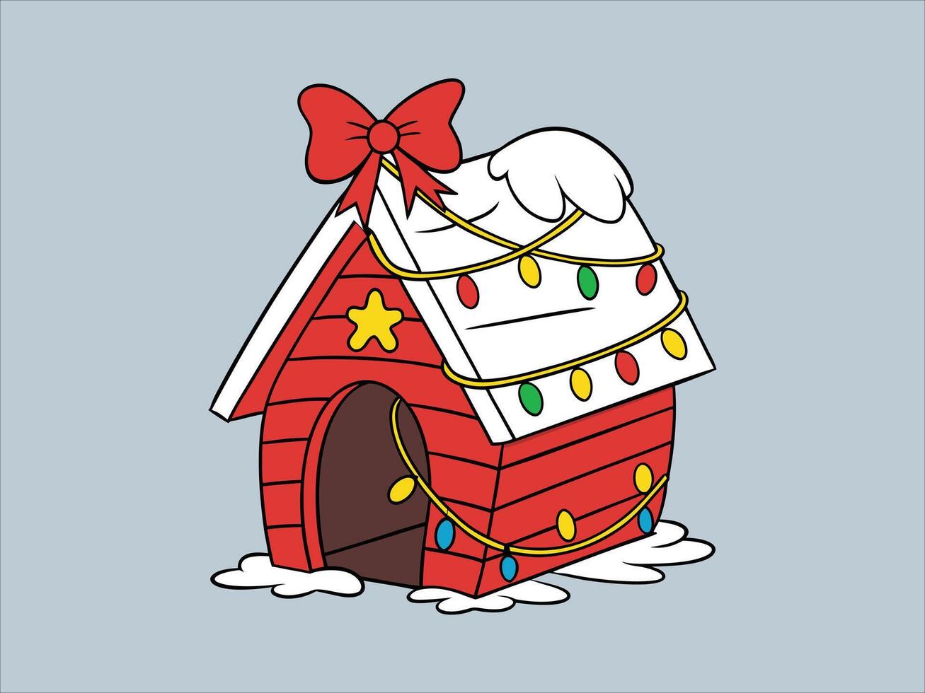 Decorated Dog House for the Christmas Holidays with Wrapped in Colorful Christmas String Lights vector
