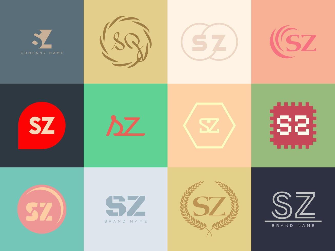 SZ logo company template. Letter s and z logotype. Set different classic serif lettering and modern bold text with design elements. Initial font typography. vector