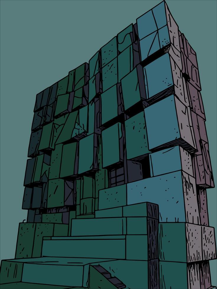 Stacked geometric blocks forming a modern abstract building facade. vector