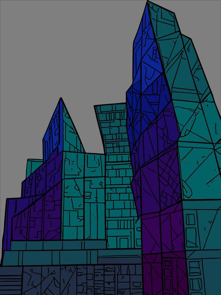 Colorful abstract geometric buildings rising against a gray background. vector