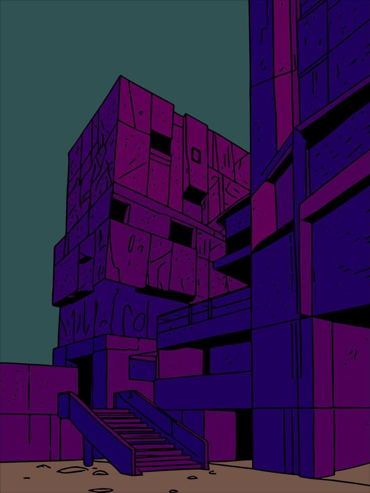 Modern Brutalist Architecture Building Illuminated In Purple Night Lighting With Industrial Staircase. vector