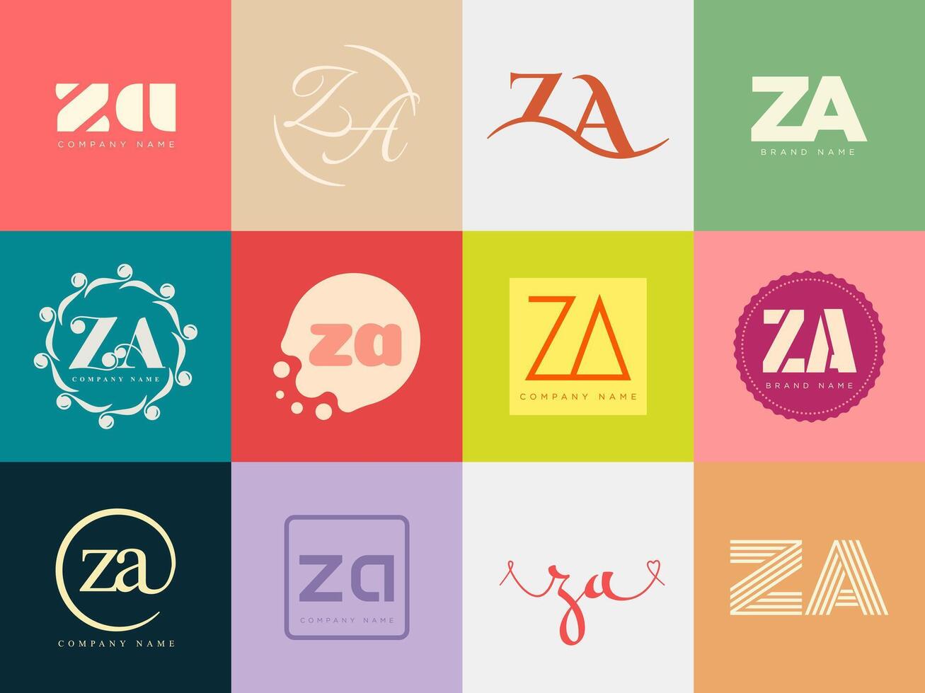 ZA logo company template. Letter z and a logotype. Set different classic serif lettering and modern bold text with design elements. Initial font typography. vector