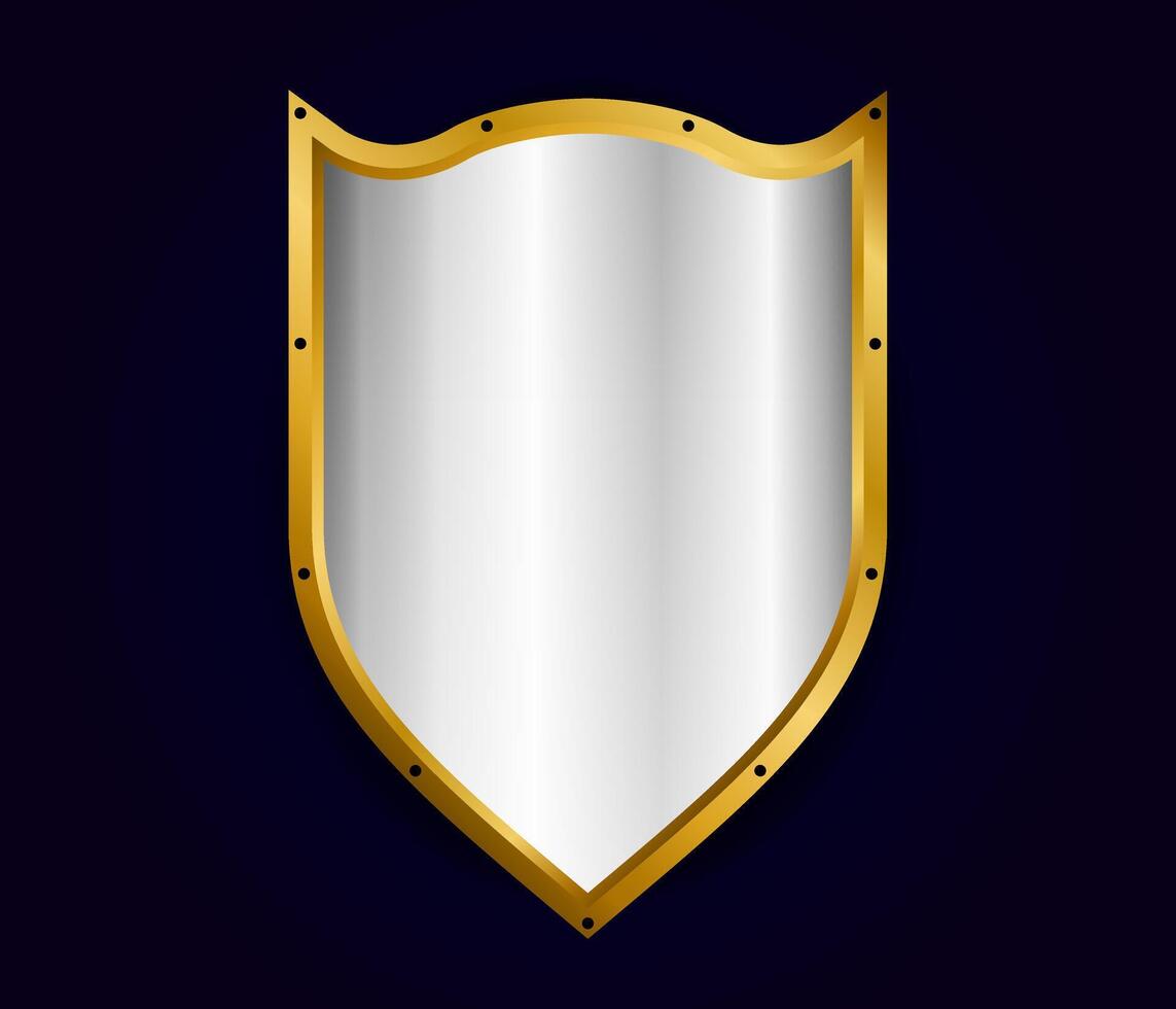 Metal realistic shield illustration. Silver with gold royal design. Security and safety symbol template vector