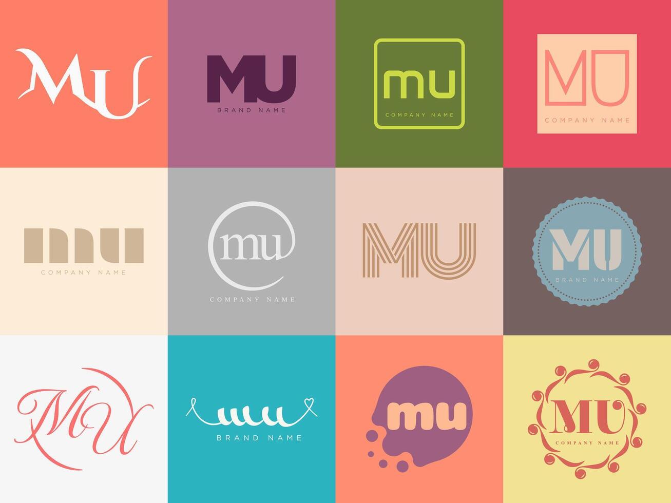 MU logo company template. Letter m and u logotype. Set different classic serif lettering and modern bold text with design elements. Initial font typography. vector