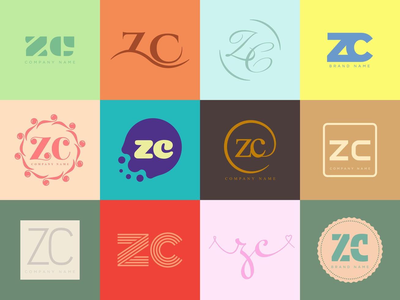 ZC logo company template. Letter z and c logotype. Set different classic serif lettering and modern bold text with design elements. Initial font typography. vector