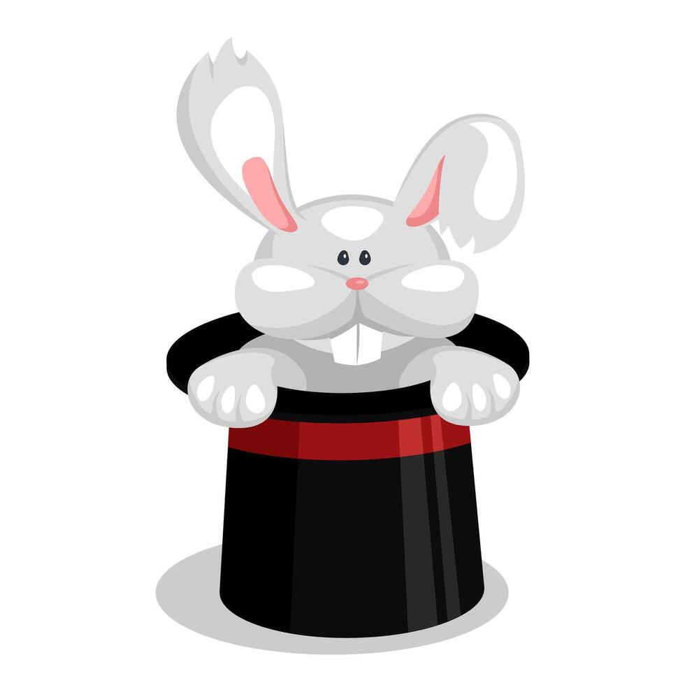 Cartoon rabbit in magician hat illustration. Magic trick show white bunny from cap. vector