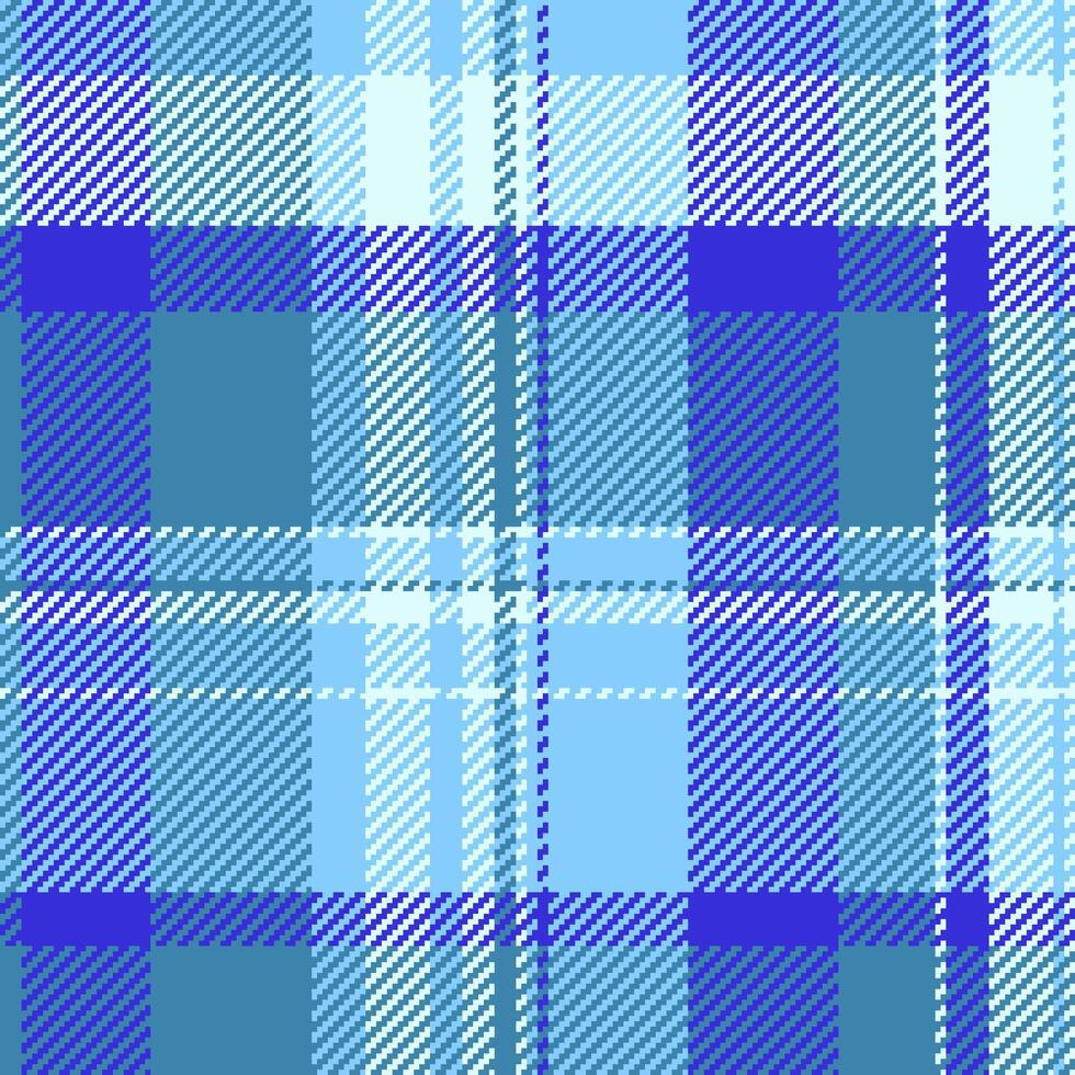 Trim textile seamless pattern, indigo fabric tartan texture. Seventies background check plaid in cyan and light sky blue colors. vector