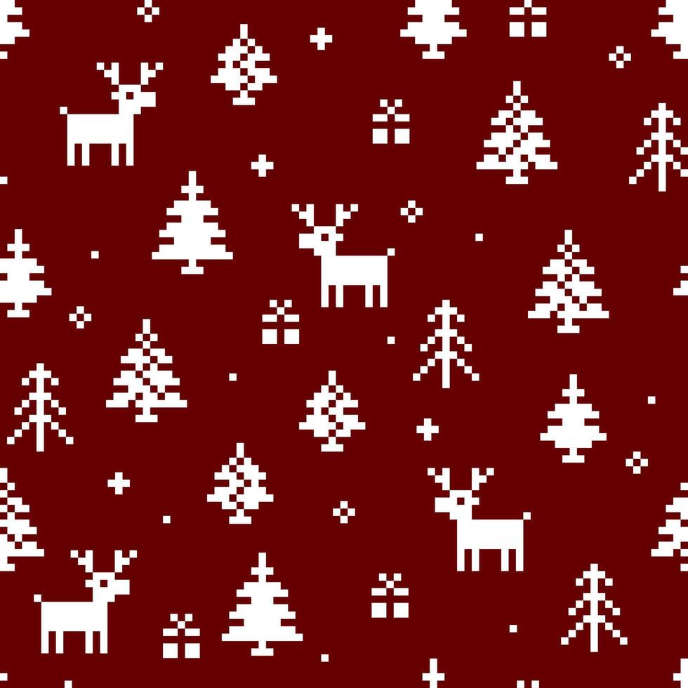 Winter Christmas seamless pattern in red. New Years pixel background with reindeer, tree, snow and gift. For greeting cards, gift wrapping paper, wallpapers. vector